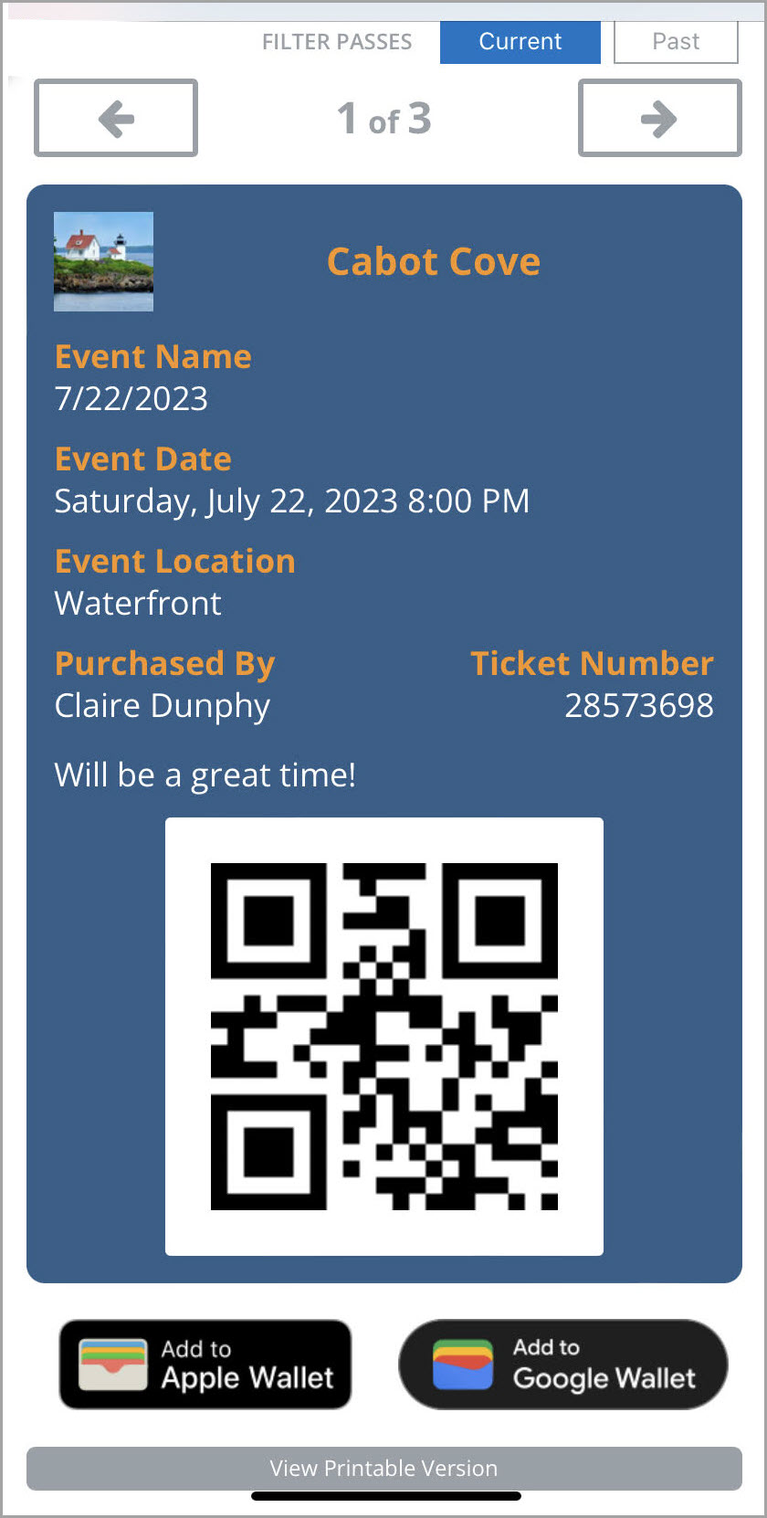 Event ticket with QR code and details.