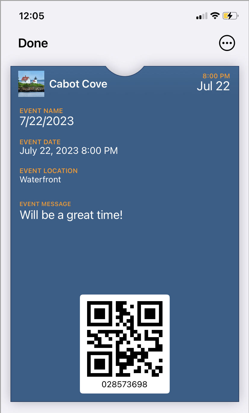 Event ticket with QR code and details