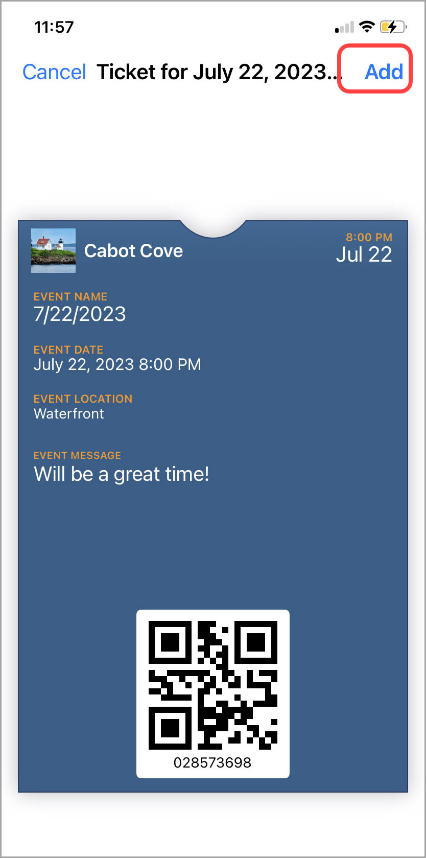 Event ticket for July 22, 2023, with QR code.