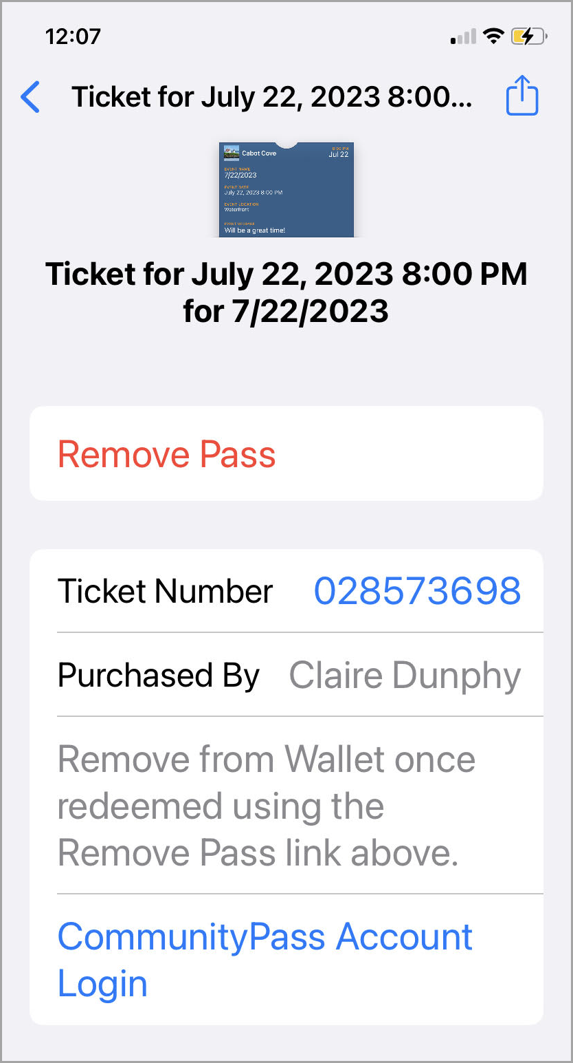 Ticket details for July 22, 2023, 8:00 PM