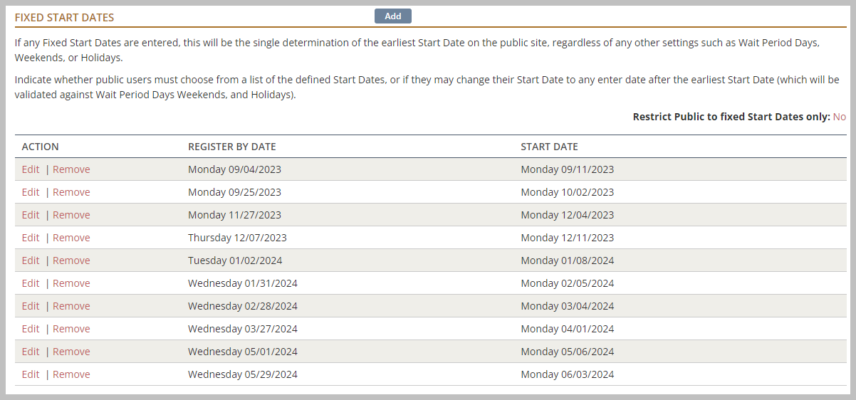 Table of fixed start and register by dates.
