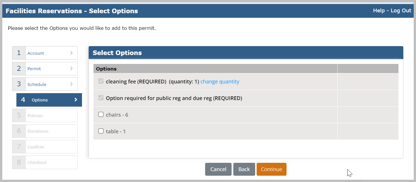 Facility reservation options selection screen.