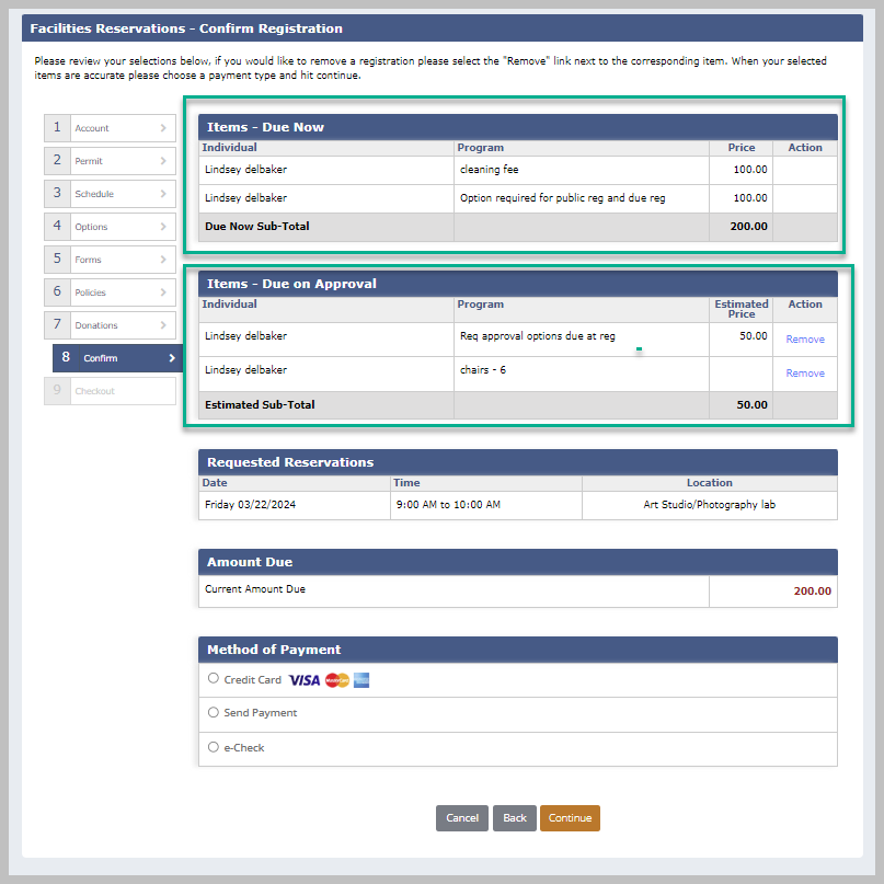 Reservation confirmation and payment details