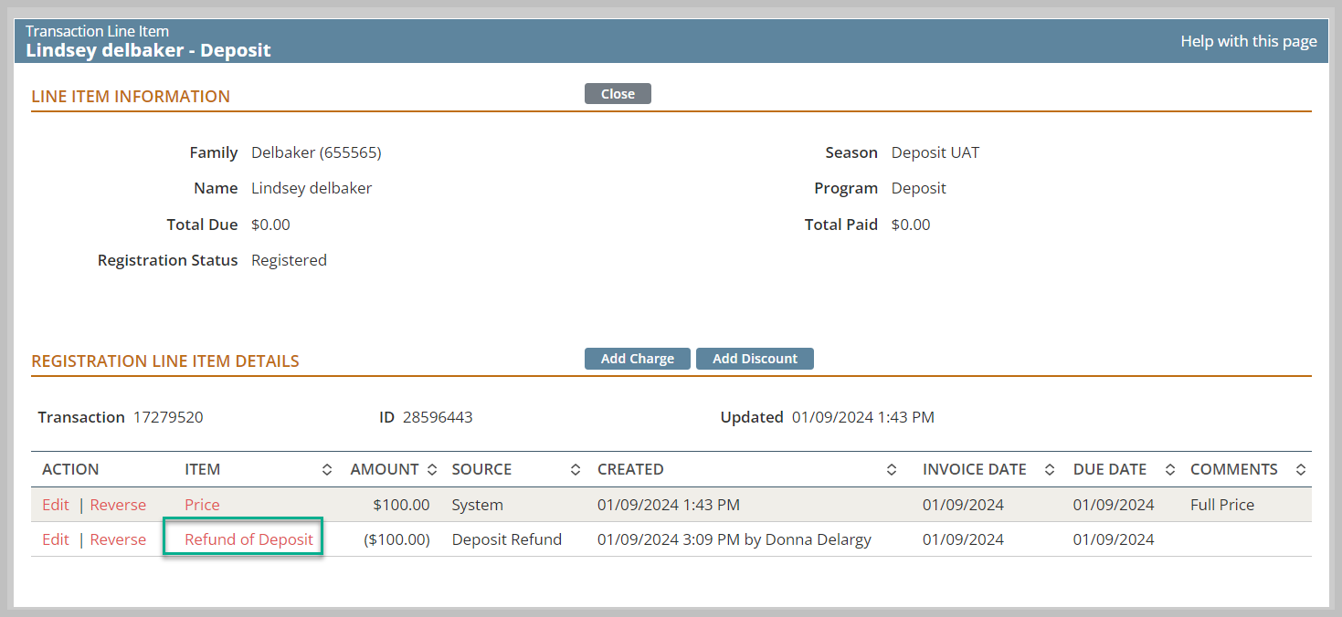 Transaction details with refund information.