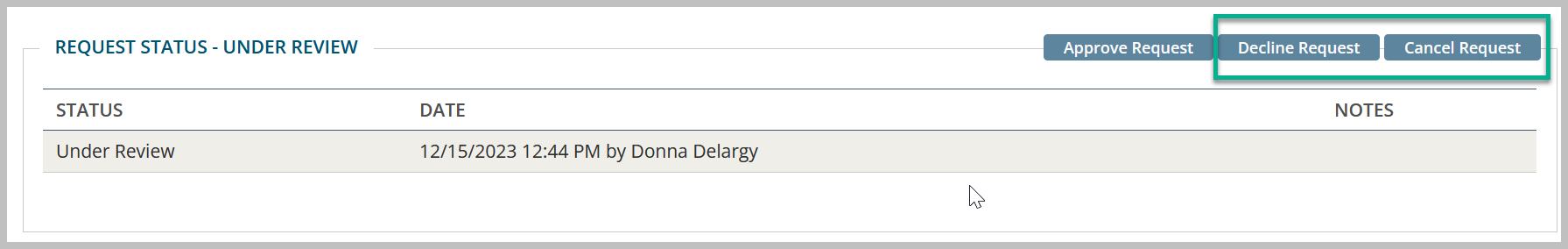 Request status under review with action buttons.