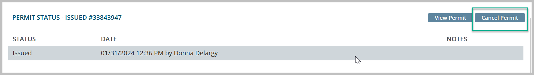 Permit status: issued, with date and options.