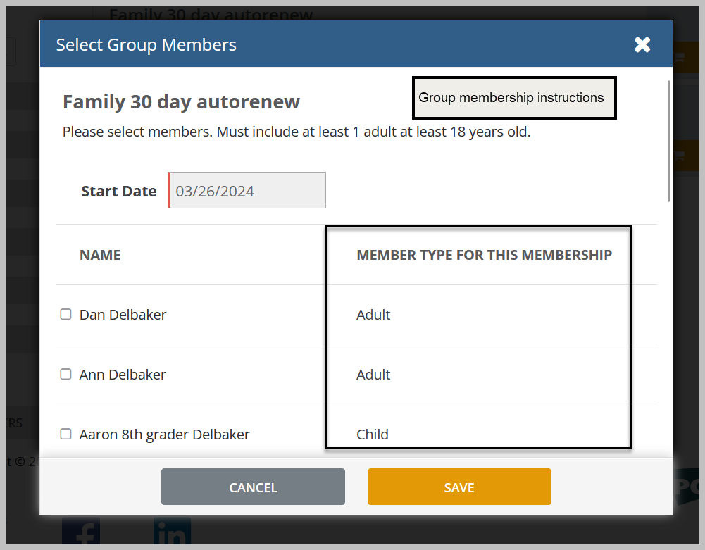 Group membership selection form with names.