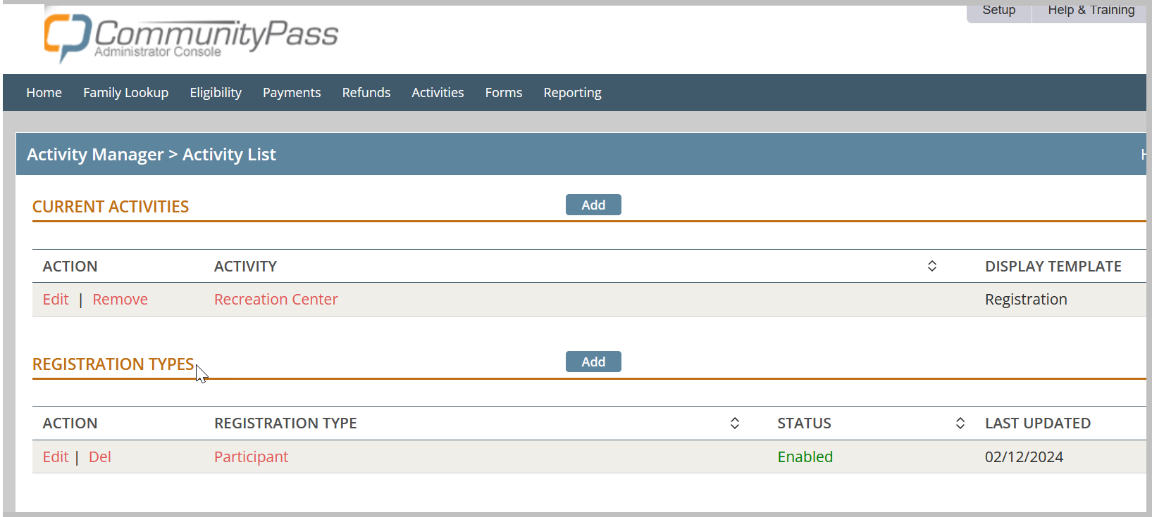 Activity manager interface screenshot