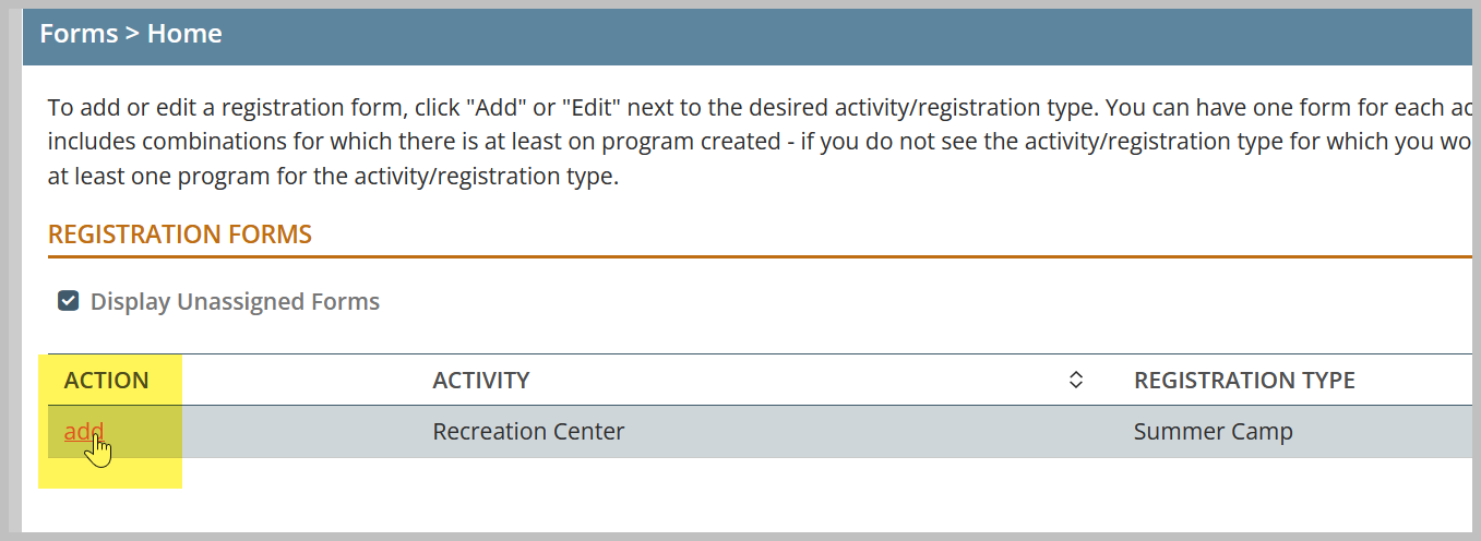 Add" button highlighted in registration form.