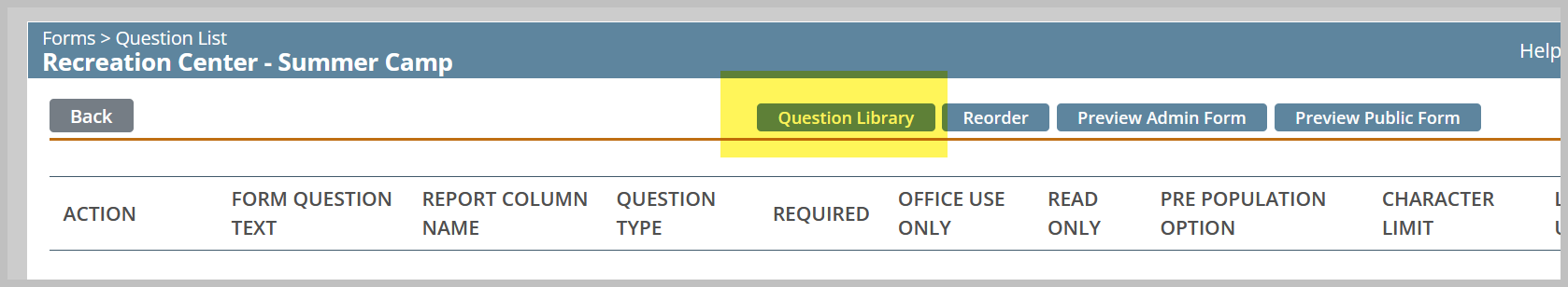 Question list interface for summer camp form.
