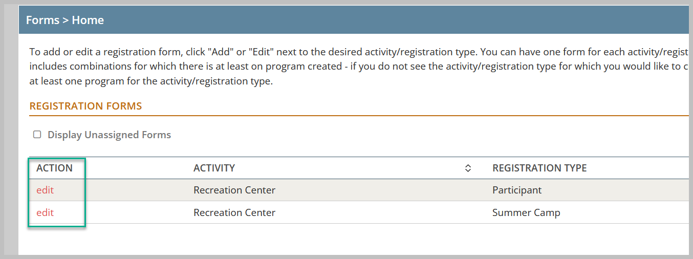 Registration forms table with edit options.