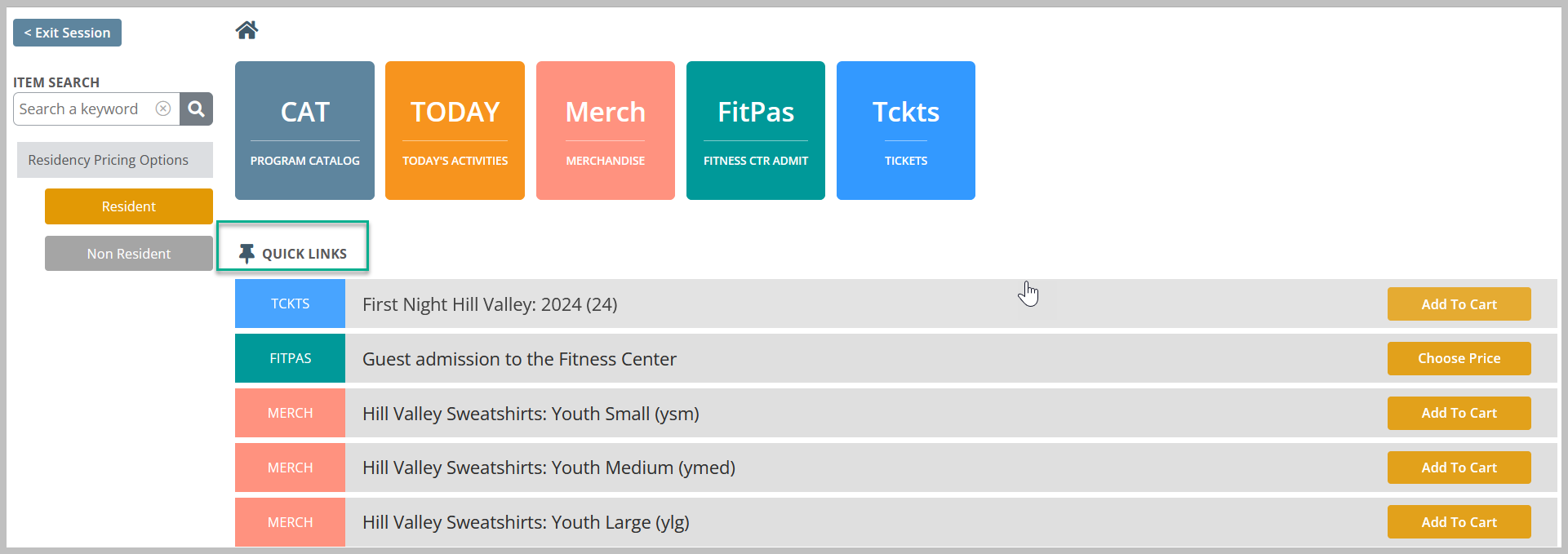 Online shopping interface with quick links.