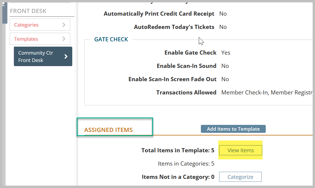 Front desk settings and assigned items list.