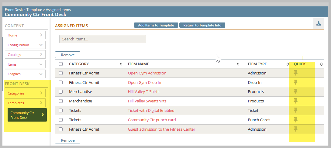 Assigned items list on a management interface.